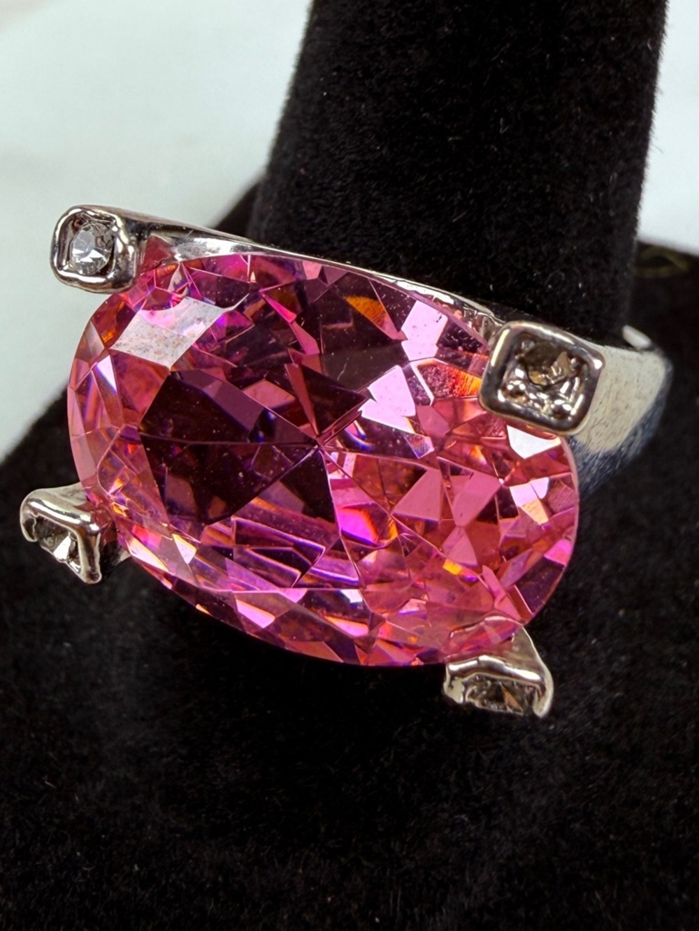 Pink Oval Faceted Statement Ring Size 7.75 Silver Tone Cocktail Jewelry